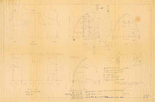 Pencil on paper; Batzer Hut technical drawing with plan, elevation and three sections -- includes notations made to modify initial design.