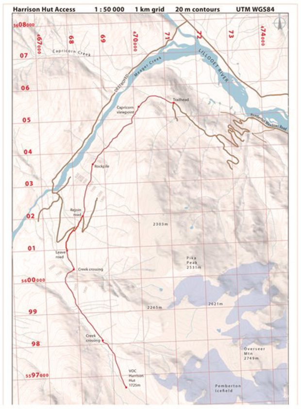 Grid map with the new trail route to the Harrison Hut marked in red.