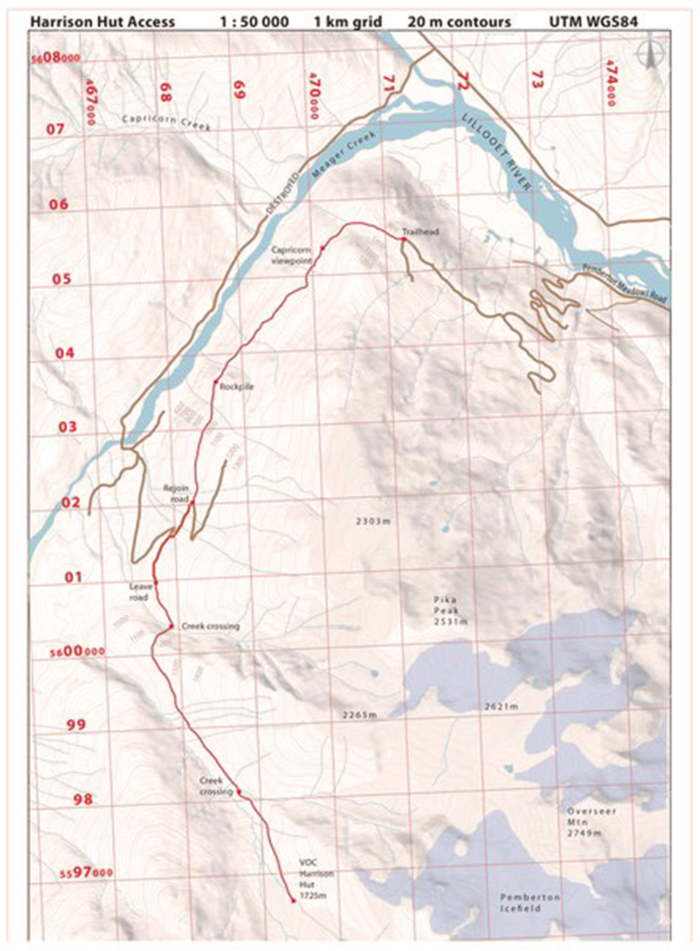 Grid map with the new trail route to the Harrison Hut marked in red.