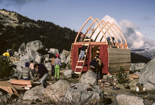 The frame of the hut has been erected and the arched roof is open to the elements and members of the UBC-VOC club are busy working on adding more tongue and groove siding and other aspects of the hut construction.