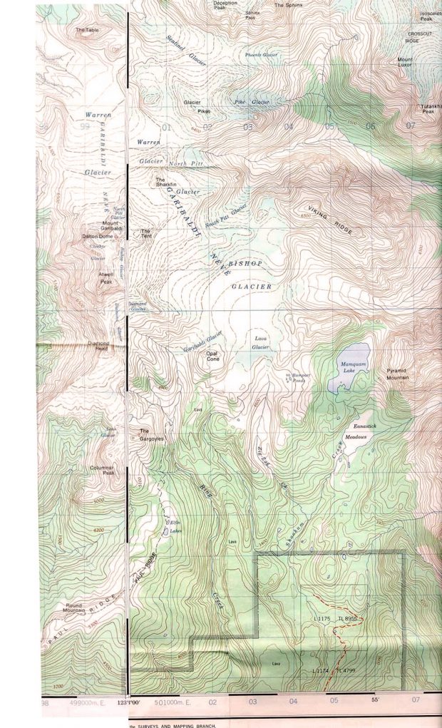 Topographical map of the Garibaldi Neve showing valleys, glaciers, and changes in terrain.