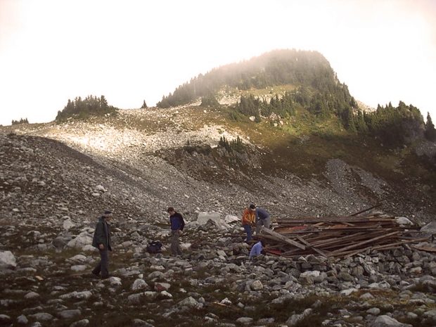 A group of UBC-VOC members searching around the alpine meadow for debris from the destroyed Brew Hut II. The ridgeline above the group is bathed in sunlight.