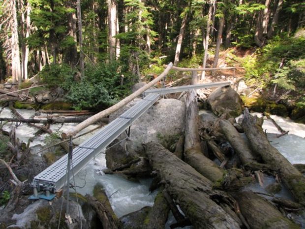 Steel footbridge with wooden handrails over a flowing creek on the trail to the Harrison Hut with an evergreen forest on the far creek bank.