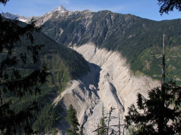 Lookout to the slide zone and the rock debris that wiped out logging roads and trail access the UBC-VOC Club used to access the Harrison Hut.