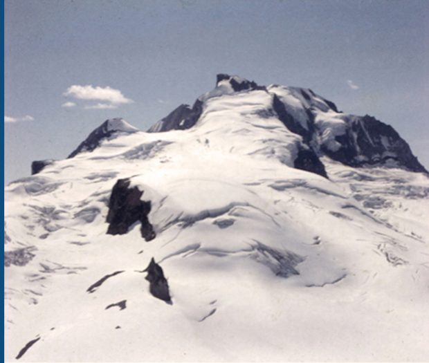 A women walks on a snow free trail surrounded by green grass and evergreen trees towards a large glacier and steep peaks in the distance.