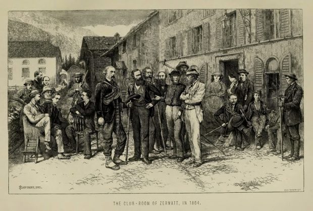 The artists drawing depicts a group of men sitting on the left and another group of men standing wearing more distinguished clothes for the time period and another group of sitting on stools and a woman stands in the background near an entryway to a building.