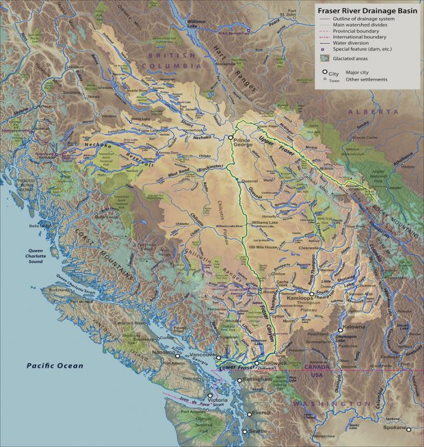 The map outlines the Fraser River Basin showing valleys, rivers, glaciers, mountain peaks using different shades of colour.