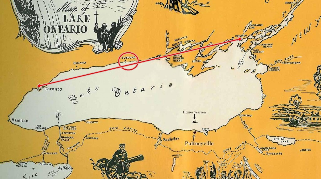 Un simple croquis cartographique du lac Ontario incluant des illustrations de missionnaires, d’une bataille, d’autochtones et du transport riverain. On a ajouté un trait rouge entre Toronto (York) et Kingston et encerclé l’emplacement où se trouve Cobourg. 