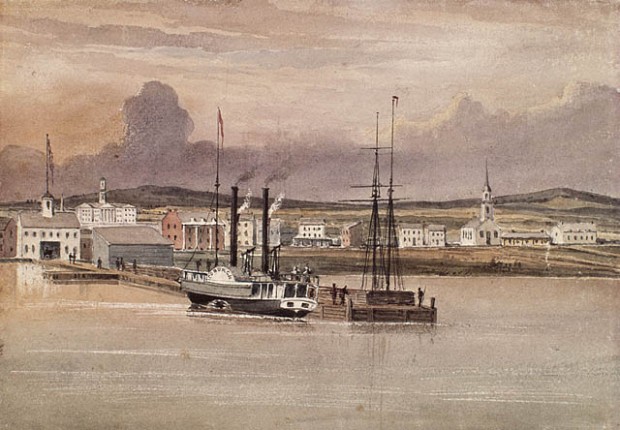a watercolour painting of a paddle wheel steamboat with two tall black funnels beside a dock leading to a warehouse. other mostly white buildings can be seen in the background
