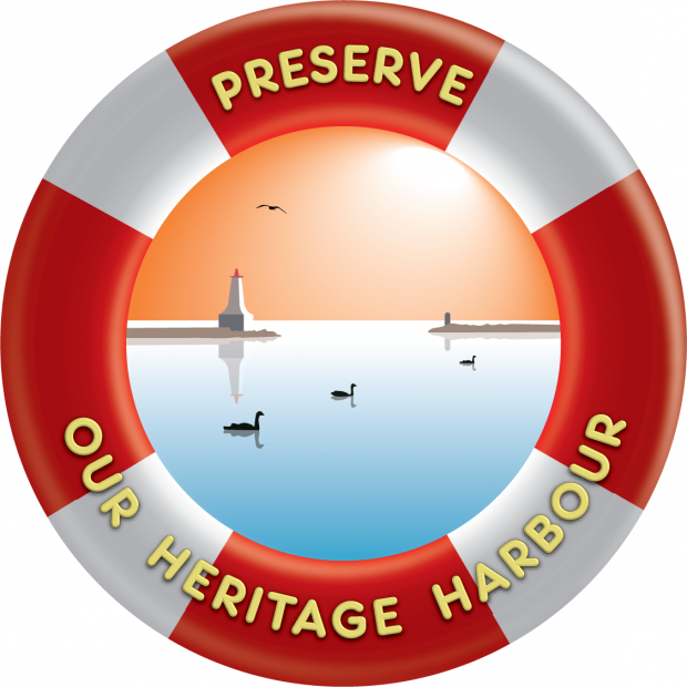 logo in the form of a red and white life preserver with the words PRESERVE OUR HERITAGE HARBOUR in yellow. in the centre is an image of calm blue water, a white lighthouse and three waterfowl