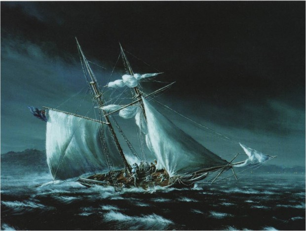 in a dark blue night-time scene a sailboat lists to starboard with passengers on deck and starting to fall into the sea. Sails fore and aft are billowing.