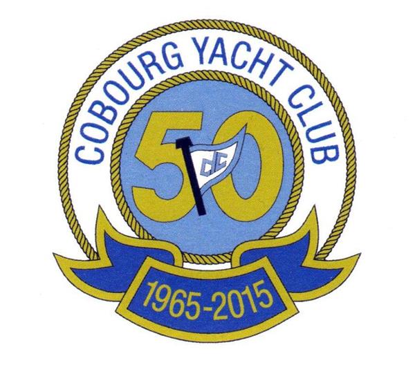a logo made with a double circle of gold coloured ropes with the words Cobourg Yacht Club between, the years 1965-2015 in gold on blue at the bottom and a blue and white flag over a gold 50 on blue in the middle
