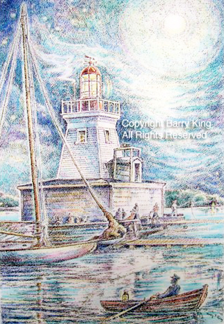 a pastel sketch of a square white lighthouse on a large square base. At the edge of the base are workers and a person fishing, and in the foreground a sailboat and a rowboat with one rower