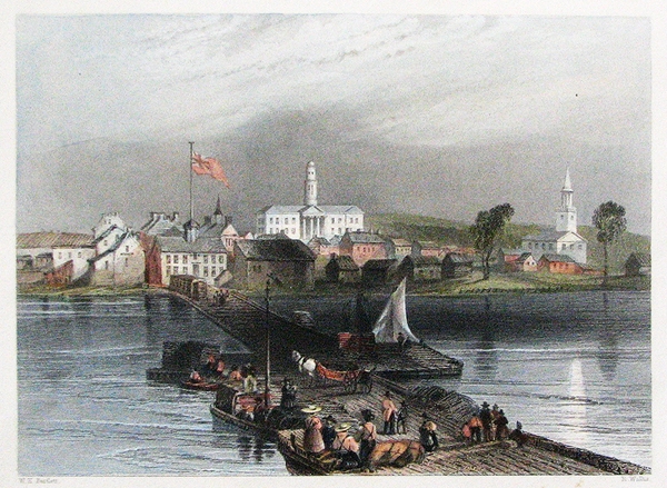 a coloured print with a wooden pier stretching from the right front towards the shore. People with their boats and horse and buggy are on the dock. A large white building with a tower (Victoria College) and a white steepled church (St. Peter's Church of England) are prominent among the buildings on shore