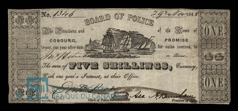a sepia coloured photograph of a five shilling promissory note issued by The President and Board of Police of the Town of Cobourg, No. 1346 dated 29th March 1848, with a picture of three sailboats and a lighthouse, signed by the Board President, Asa Burnham