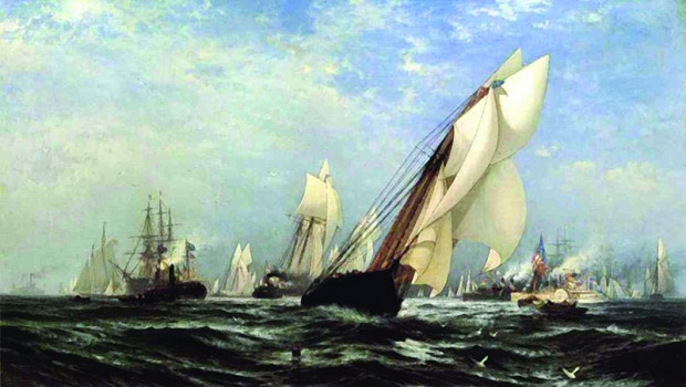 a watercolour painting of numerous large sailboats in full sail on dark green water with a lightly clouded blue sky