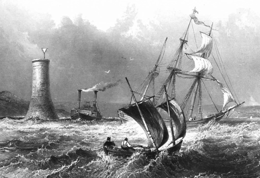 a black & white etching in which a small sailboat, a larger sailing vessel and a steamboat all battle the waves near a tall round structure holding a white triangular marker. Hills rise to the far left.