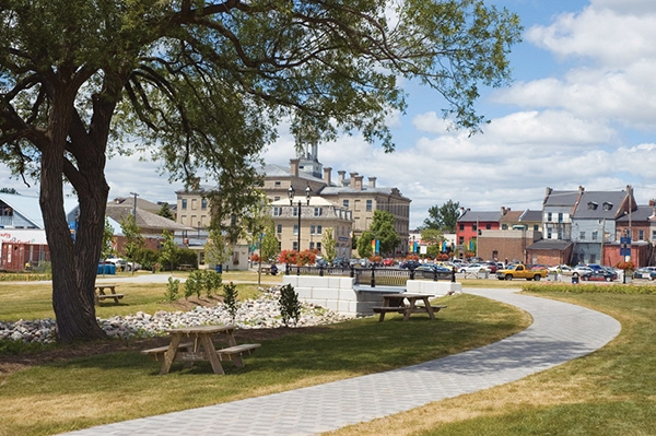 a colour photograph of a park setting with one large and a few smaller trees, three picnic benches and a walkway in the middle. In the background is brown Victoria Hall and business buildings