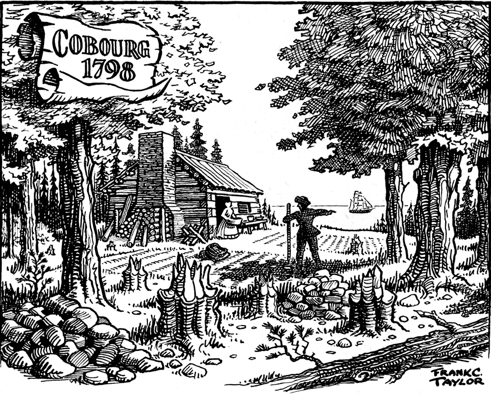 black and white sketch of a homesteader standing in a small field pointing to a sailboat on a lake while looking towards a woman with a basket standing in the doorway of a log cabin. In the foreground are stumps of trees and a pile of rocks.