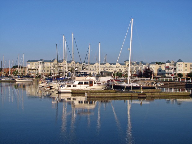 colour photo with blue sky above and blue water below.  Between are numerous sailing ships with their empty masts reflected in the water, and white condominiums in the background