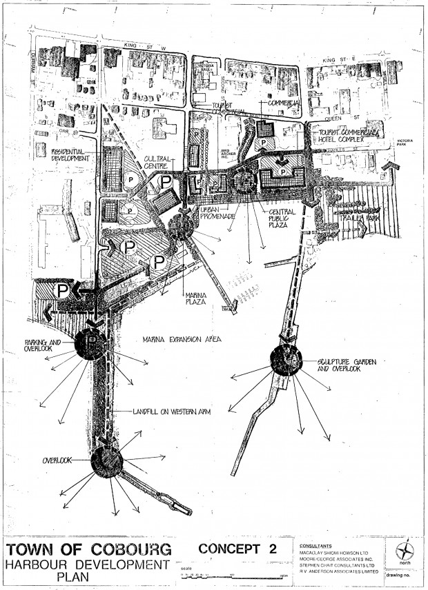 black and white Town of Cobourg Harbour Development Plan including lookouts near the end of two main piers, a sculpture garden on the east pier and a hotel complex north of the trailer park