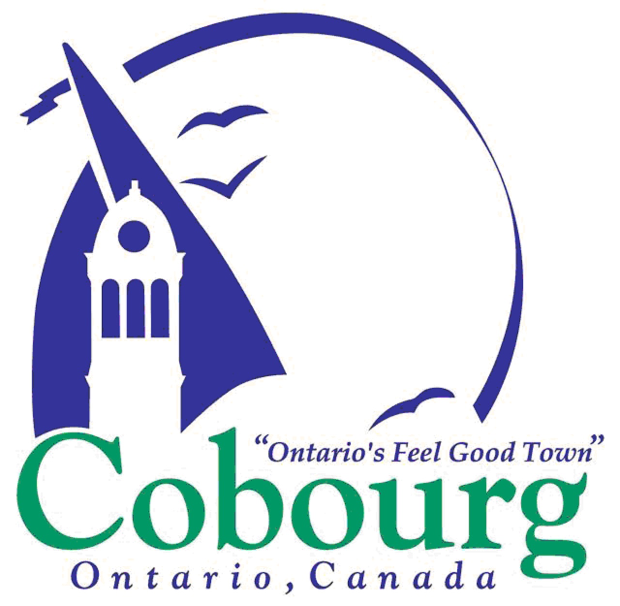 the word Cobourg appears in large green letters near the bottom with Ontario, Canada in blue beneath. Against a white background a stylized sail in blue outlines a cupola. The sail and three stylized birds, also in blue, are enclosed by a half circle blue ribbon.