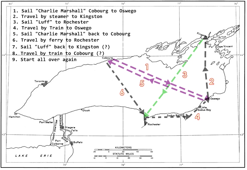 an outline map of Lake Ontario showing the routes of the Charlie Marshall and the Luff