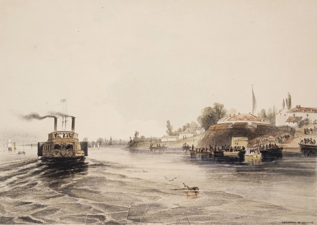 A pink-wash painting of a paddlewheel steamer with two funnels, leaving a wake as it passes fortification on the shore to starboard.