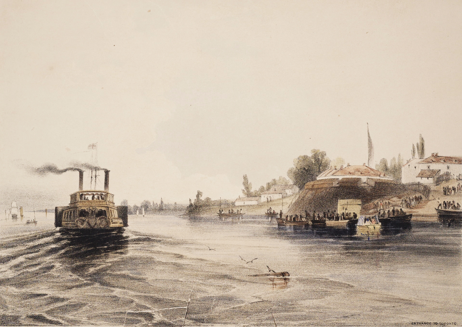 A pink-wash painting of a paddlewheel steamer with two funnels, leaving a wake as it passes fortification on the shore to starboard.