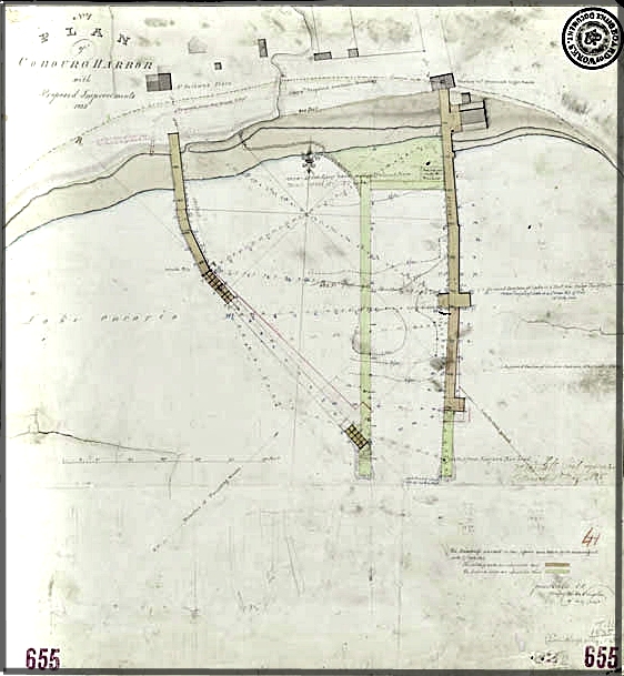 an 1835 plan of Cobourg Harbour with proposed improvements. Both east and west piers are shown extending to a point where they almost reach each other, leaving a harbour opening.