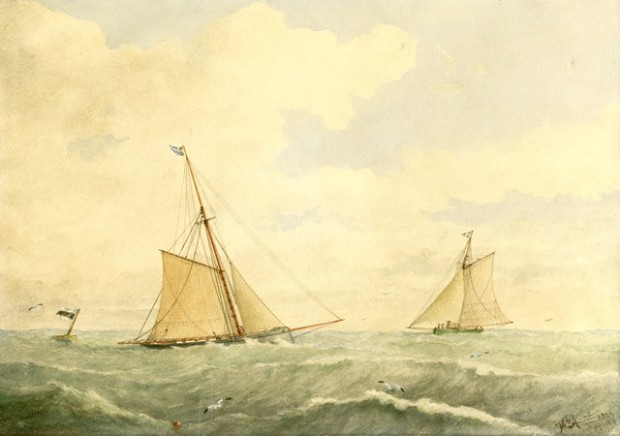a watercolour painting of two old sailboats on green wavy water near a marker buoy
