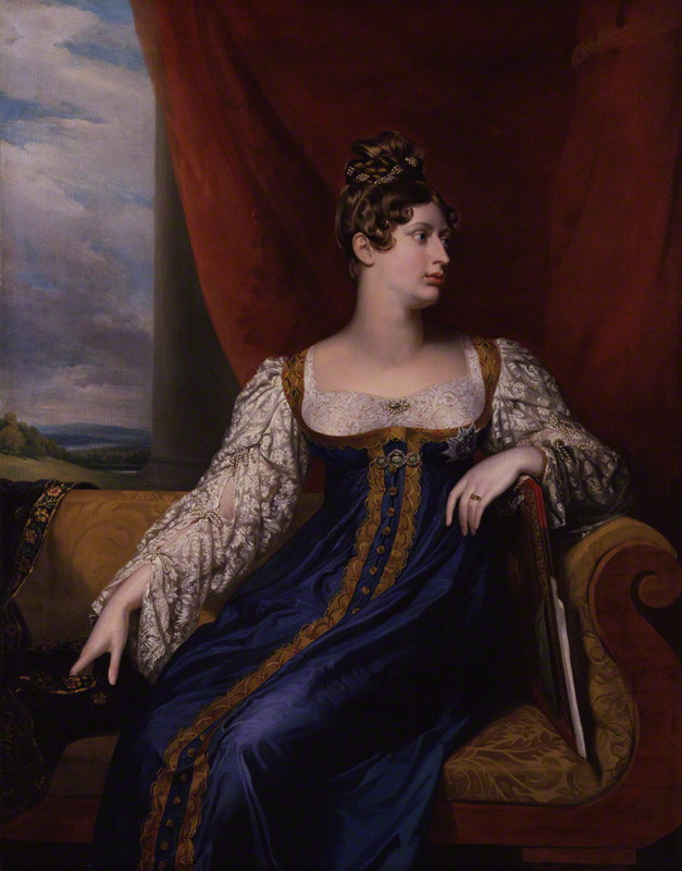 woman seated in a purple dress with white sleeves and bodice, looking over her left shoulder, brown hair in high curls. There is a picture, mostly clouds, in the left background.