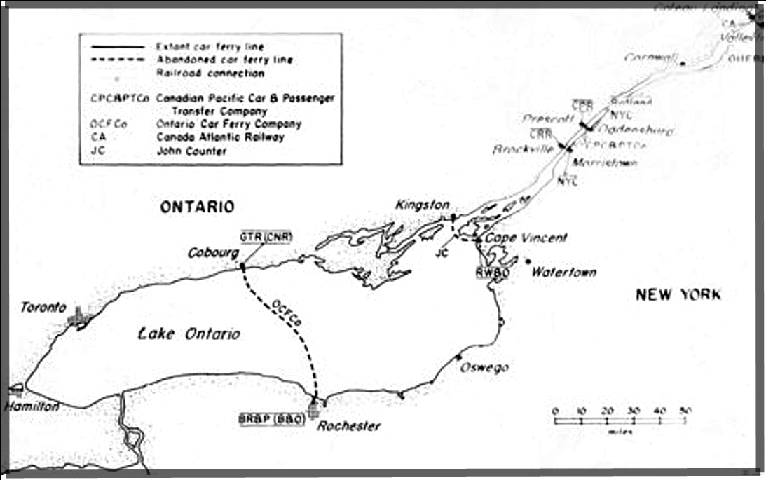 an outline map showing Lake Ontario and the St. Lawrence River as far east as Cornwall. A dotted line shows the route of the Ontario Car Ferry Company ferries between Cobourg, Ontario and Rochester, New York.