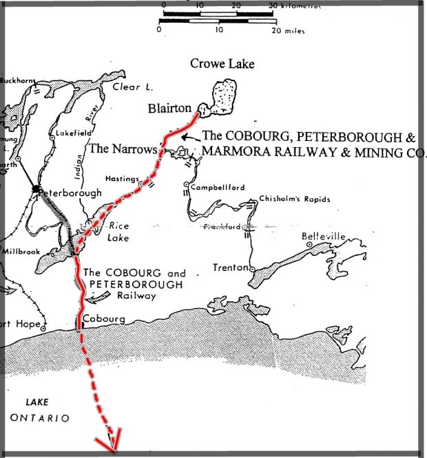 an outline map of the area including Cobourg, Peterborough and Blairton, showing in red the route the iron ore took from Blairton to Rochester