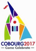 the Town of Cobourg logo with Victoria Hall cupola against the background of a multicoloured sail and the words COBOURG 2017 Come Celebrate