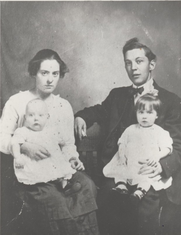 Mr. and Mrs. Albert Lafontaine with Albert and Olive sitting for a family portrait. Olive Lafontaine married Erik Wadelius and was mother to Vaughn Wadelius.