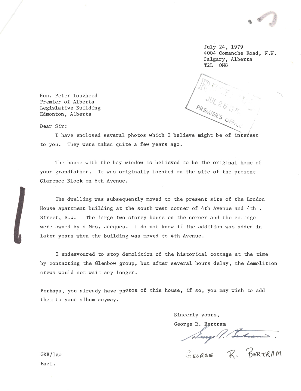 July 1979 letter from George Bertram to Peter Lougheed that accompanied photos sent of the Lougheed original home.