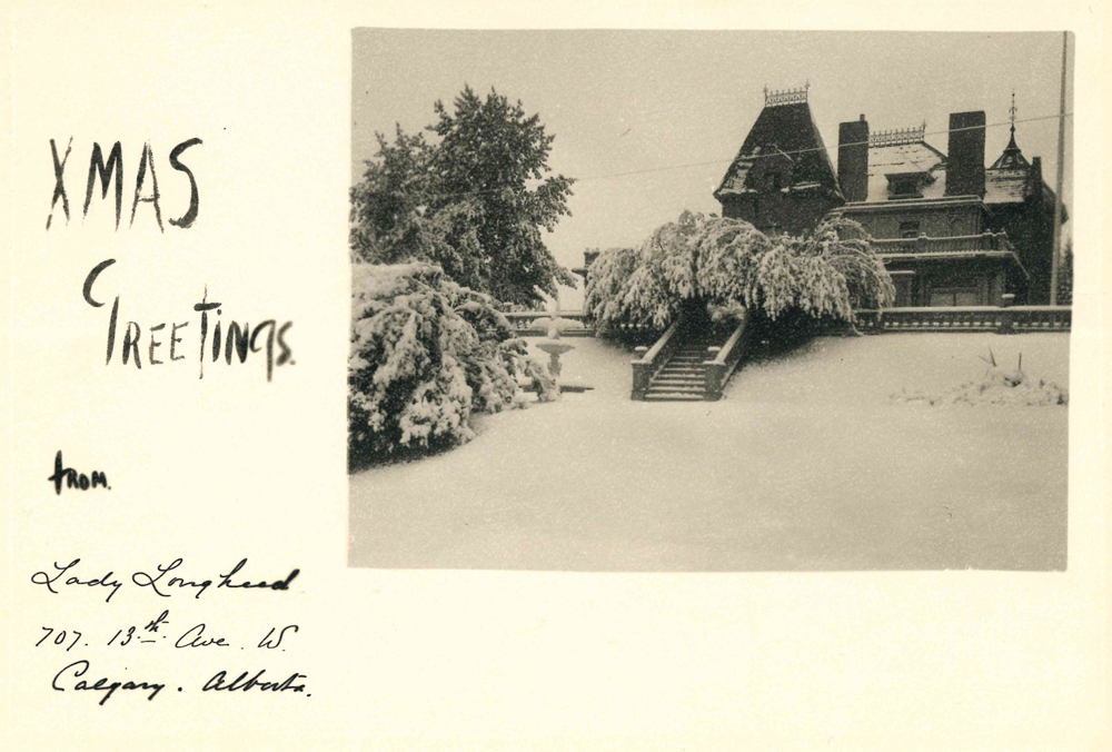 Image of a Christmas card, with a photo of Beaulieu in the snow.