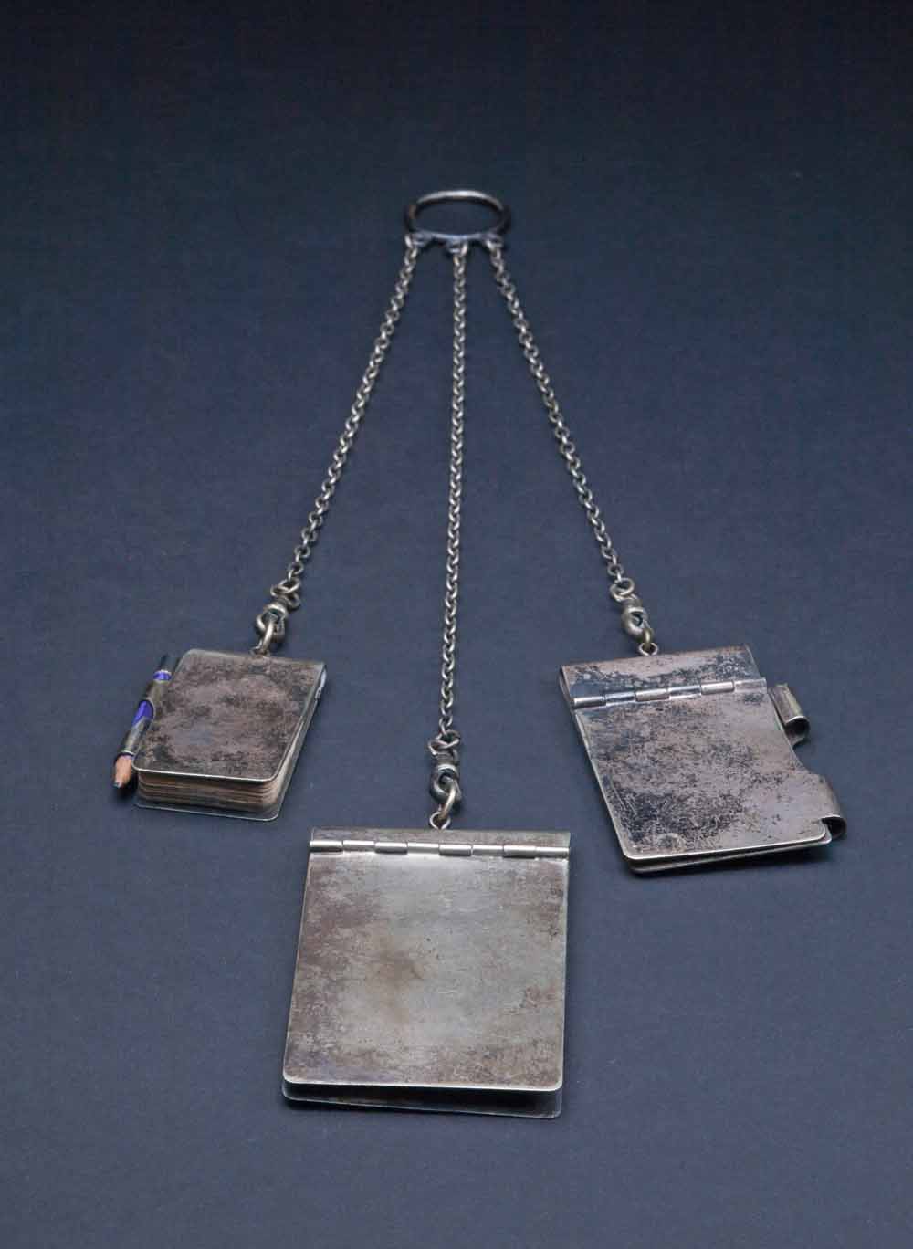 Belle's silver chatelaine - three tiny notebooks and pencil on silver chains