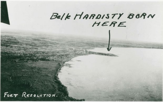 Aerial photo of Fort Resolution with hand written addition in black pen saying Belle Hardisty born here with an arrow