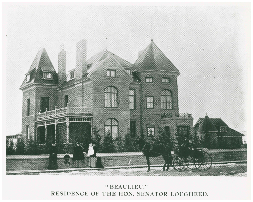 Photo of Beaulieu with people and horse and carriage in front, 1903.