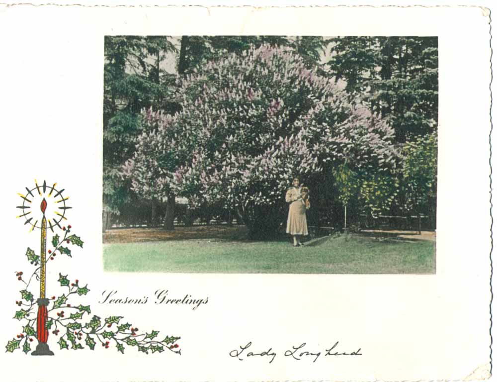 One of Lady Lougheed's Christmas cards with her photo in the garden