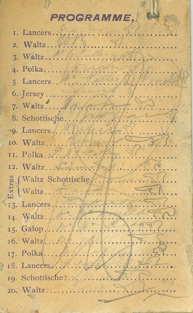 Dance card with names written in pencil next to the names of dances.