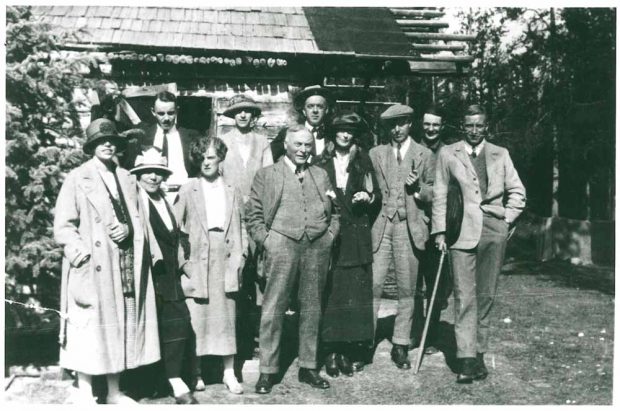 Photo of the Lougheed family at the Banff cottage; (James centre, Belle second from left)