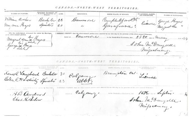 Marriage certificate for Belle Hardisty and James Lougheed