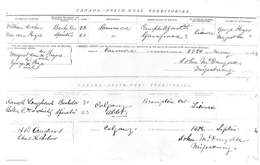 Marriage certificate for Belle Hardisty and James Lougheed