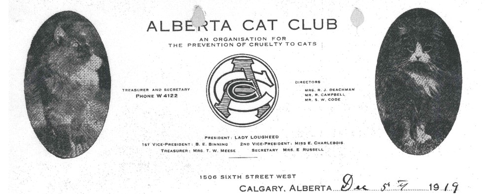 Letterhead for the Alberta Cat Club showing logo and two images of cats