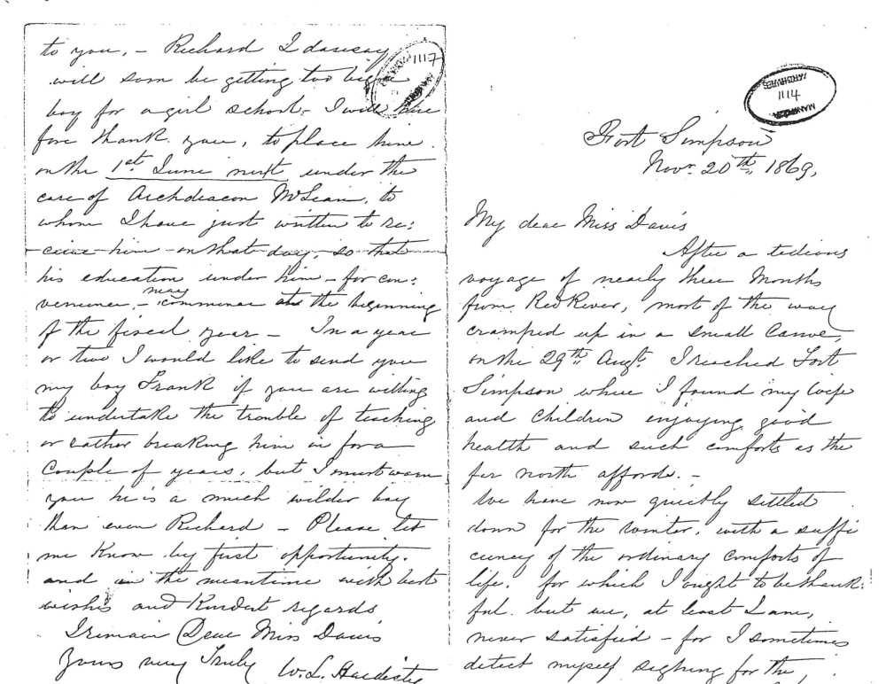 Handwritten letter from William Hardisty to Miss Davis