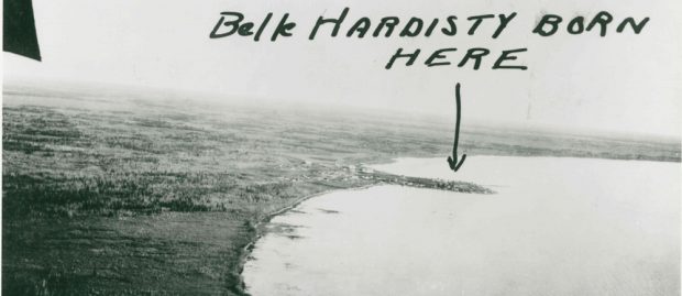 Aerial view of Fort Resolution with hand written text added that says Belle Hardisty born here.