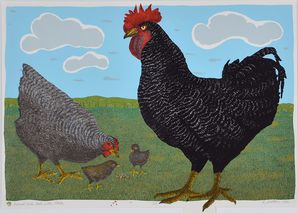 Silkscreen print of four chickens